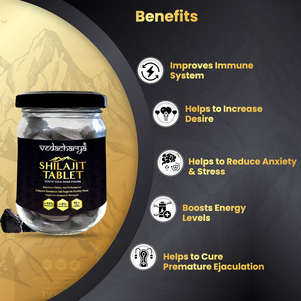 Vedacharya Shilajit Tablets with 100% Pure Himalayan Shilajit for Strength, Energy, Power, Vigor & Vitality