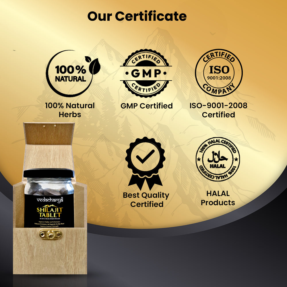 Vedacharya Shilajit Tablets with 100% Pure Himalayan Shilajit for Strength, Energy, Power, Vigor & Vitality