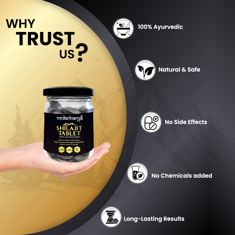 Vedacharya Shilajit Tablets with 100% Pure Himalayan Shilajit for Strength, Energy, Power, Vigor & Vitality