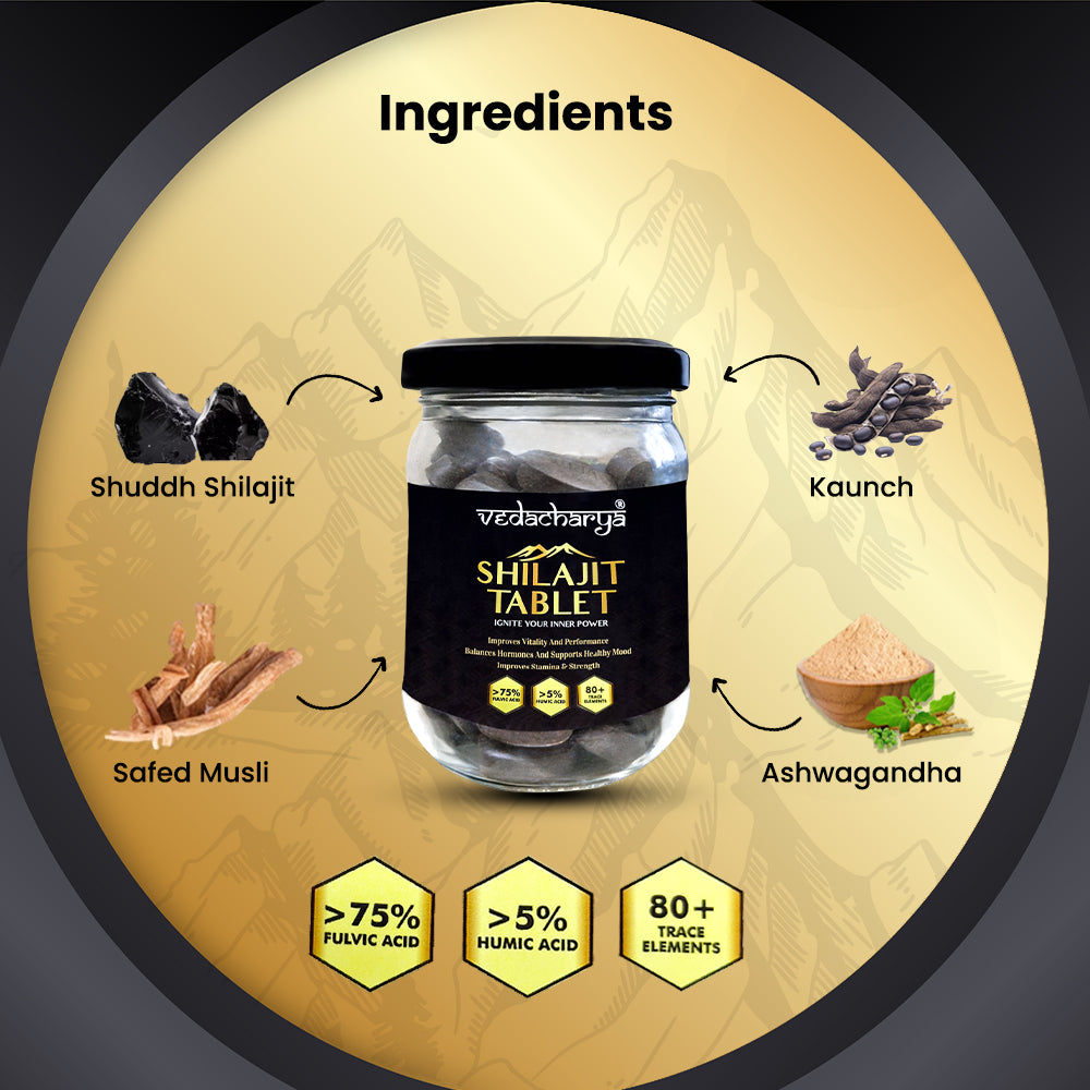 Vedacharya Shilajit Tablets with 100% Pure Himalayan Shilajit for Strength, Energy, Power, Vigor & Vitality