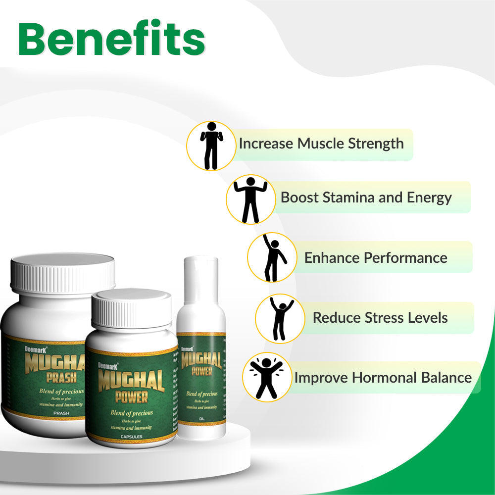 E41 Deemark Mughal Prash, capsules, oil products with icons for benefits